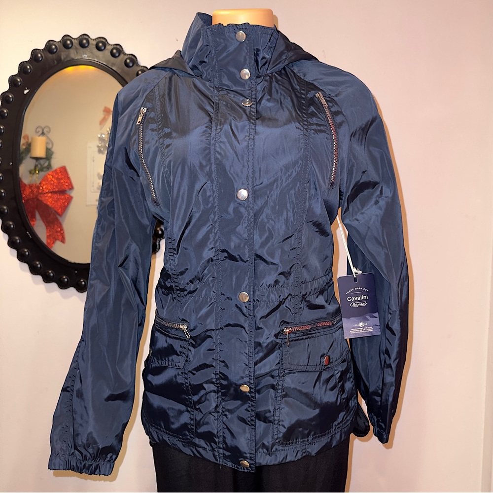 CAVALINI ORIGINAL JACKET NAVY BLUE W/ HOODIE - ZIPPER IN THE FRONT 🌸WATERPROOF